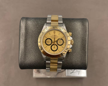 Pre-owned Rolex Men's Cosmograph Daytona 40mm ref.16523 Champagne Dial 18k Yellow Gold Tachymetric Scale bezel on Oyster w/Box, L Serial