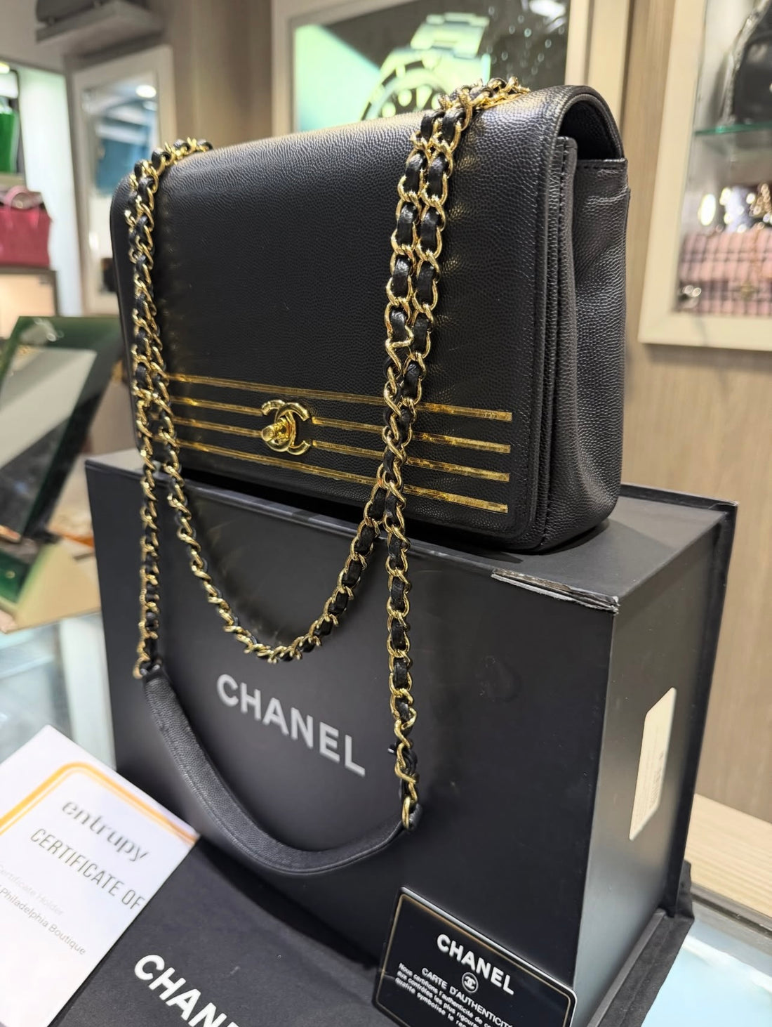 Pre-owned Chanel Capetein Flap Black Gold Embroidered Caviar Medium Bag