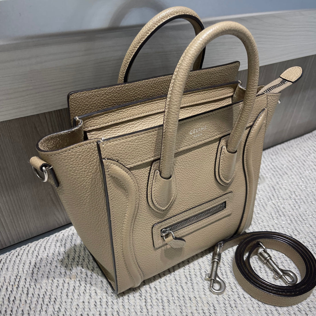 Pre-owned Celine Nano Luggage Tote Drummed Calfskin Taupe