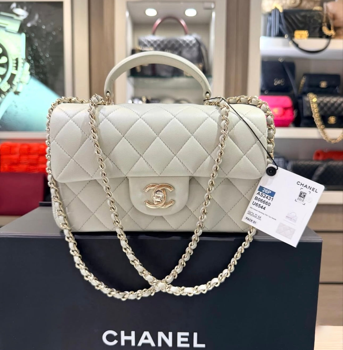 Unworn Chanel 2026 Mini Top Handle Flap in Light Sage Green Lambskin