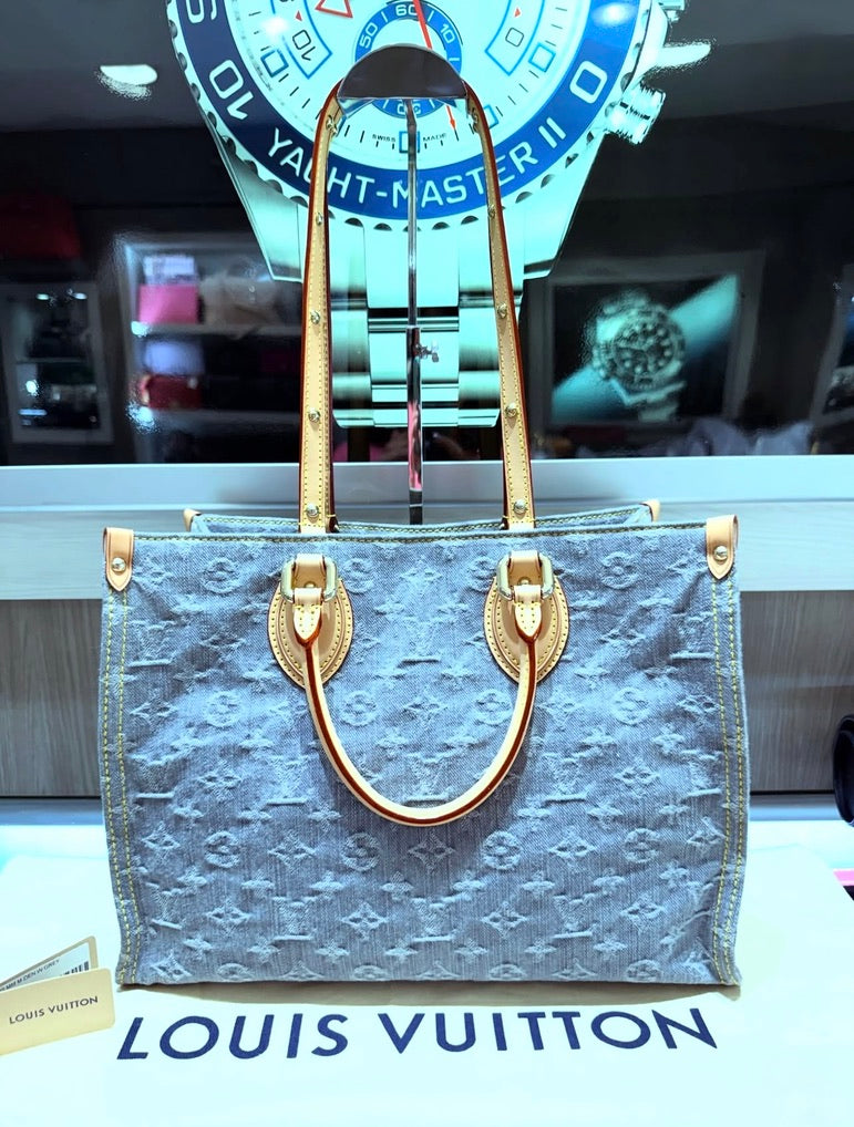 Unworn Louis Vuitton OnTheGo MM Monogram Denim Washed Gray Tote