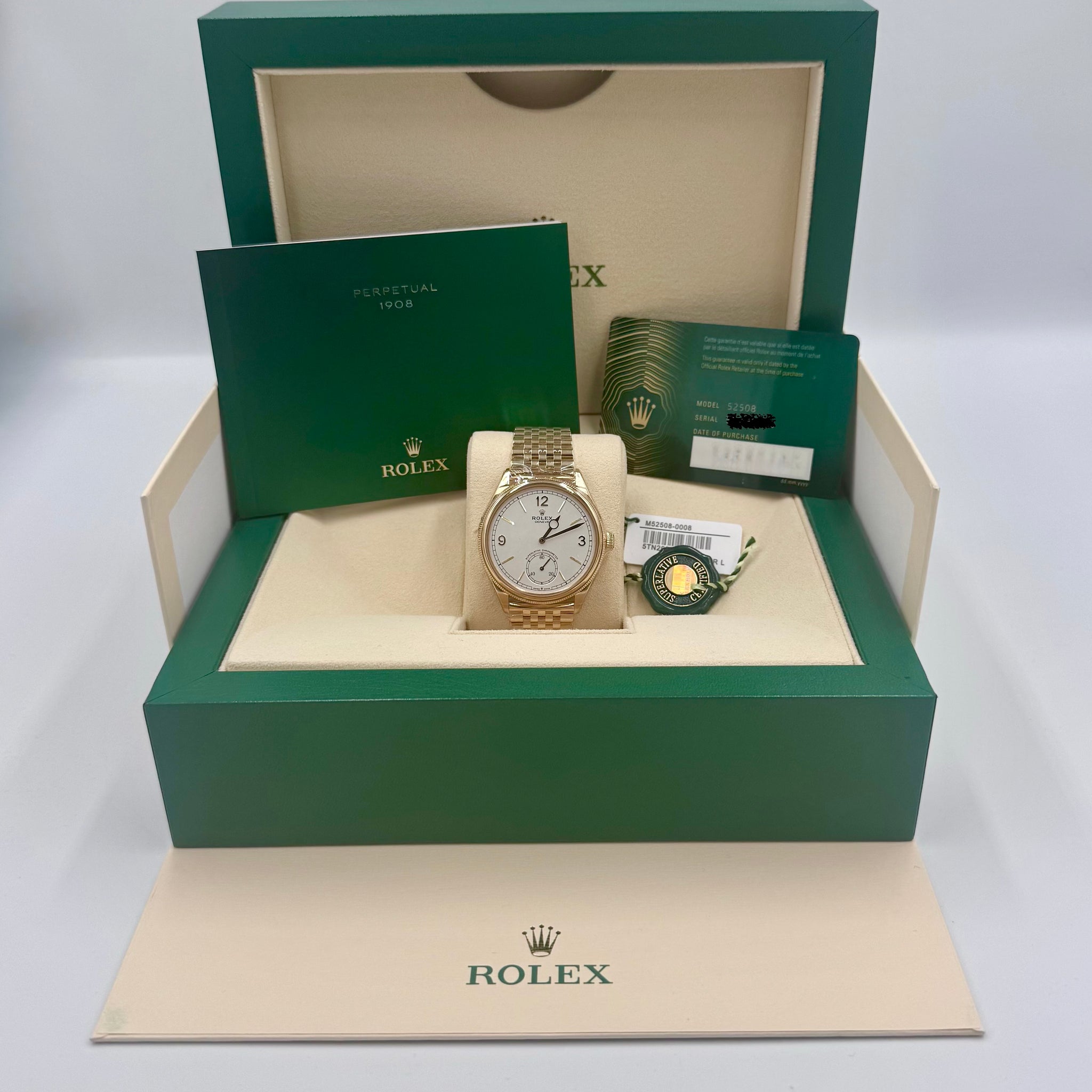 Unworn Rolex 1908 White Dial Yellow Gold Settimo Bracelet  ref.52508 Box & Papers 2025
