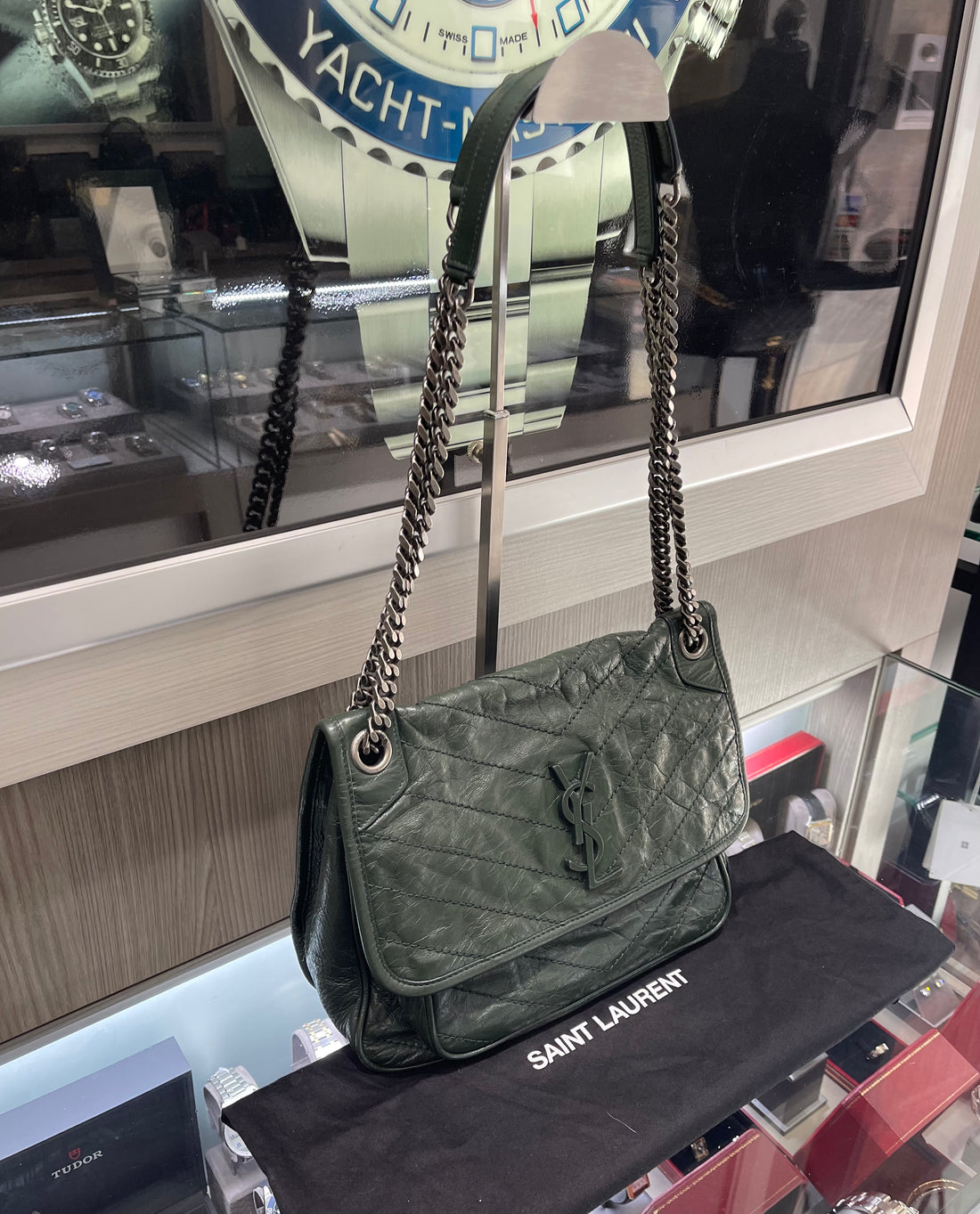 Pre-owned Saint Laurent Niki Medium Hunter Green Vintage Leather (2021) SHW