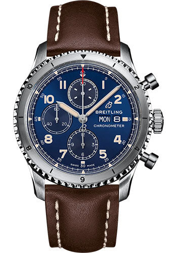 Breitling Aviator 8 Chronograph 43 Watch - Stainless Steel - Blue Dial - Brown Calfskin Leather Strap - Tang Buckle - A13316101C1X2