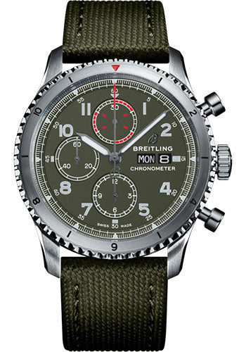 Breitling Aviator 8 Chronograph 43 Curtiss Warhawk Watch - Steel - Green Dial - Khaki Green Military Strap - Tang Buckle - A133161A1L1X1