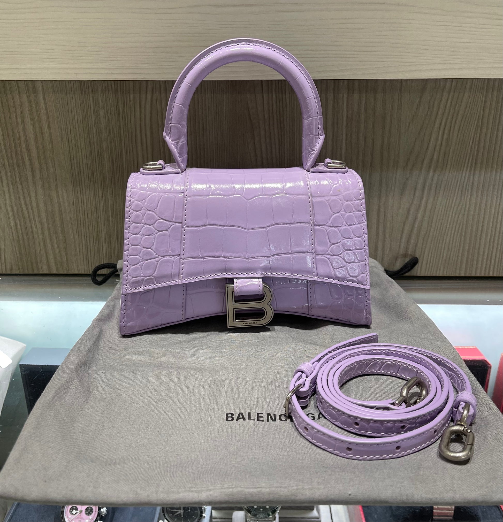 Pre-owned Balenciaga XS Hourglass Croc Light Lilac Purple Crossbody Bag