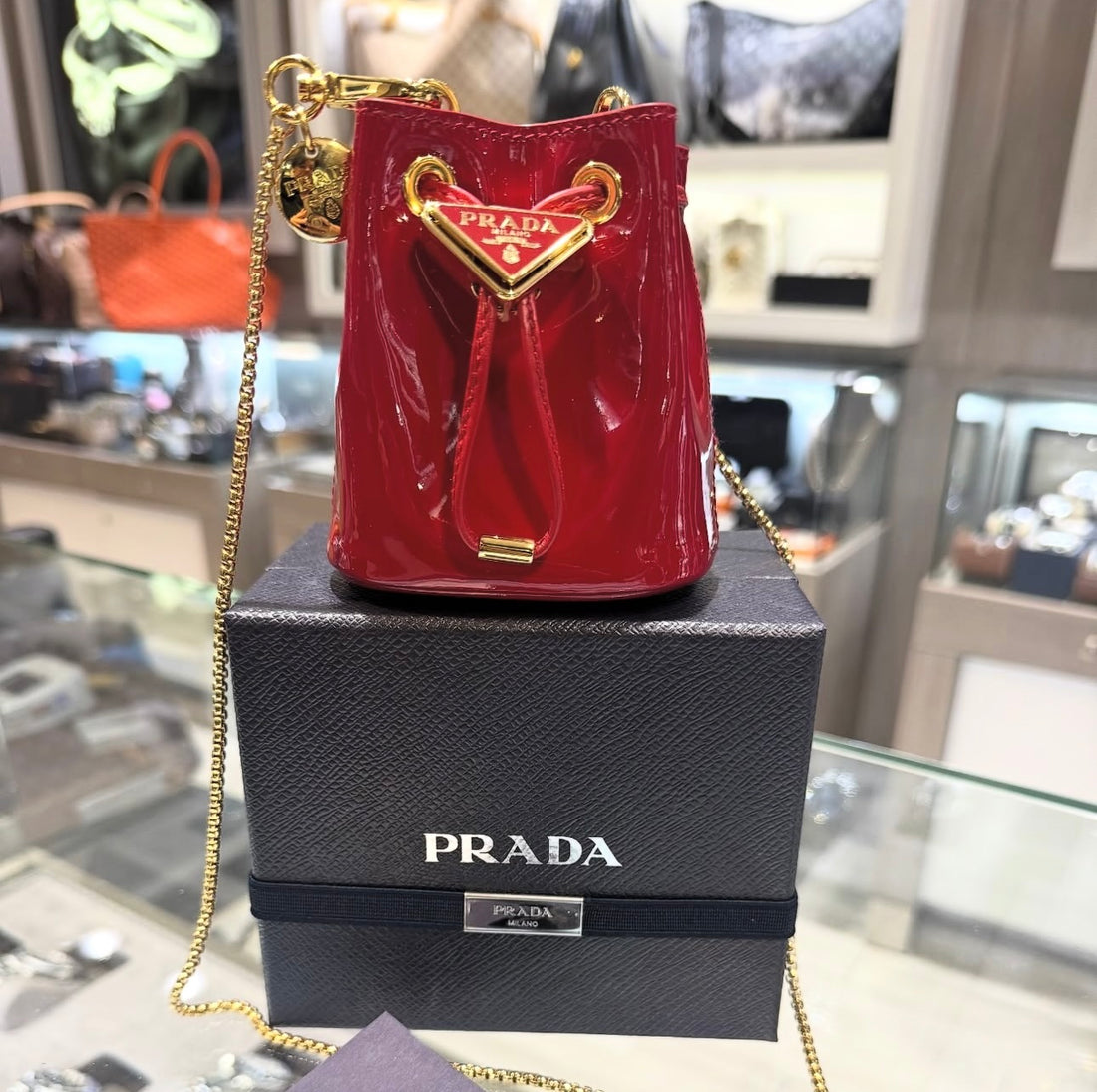Pre-owned Prada Vernice Cherry Patent Leather Mini Pouch with Gold Chain