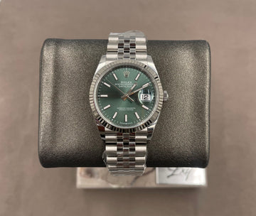 Unworn Rolex Men's Datejust 36mm ref.126234 Green Index Dial Fluted Bezel on Jubilee w/Box & Card