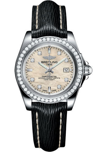 Breitling Galactic 32 Sleek Watch - Steel - Mother-Of-Pearl Diamond Dial - Black Sahara Strap - A7133053/A801/208X/A14BA.1