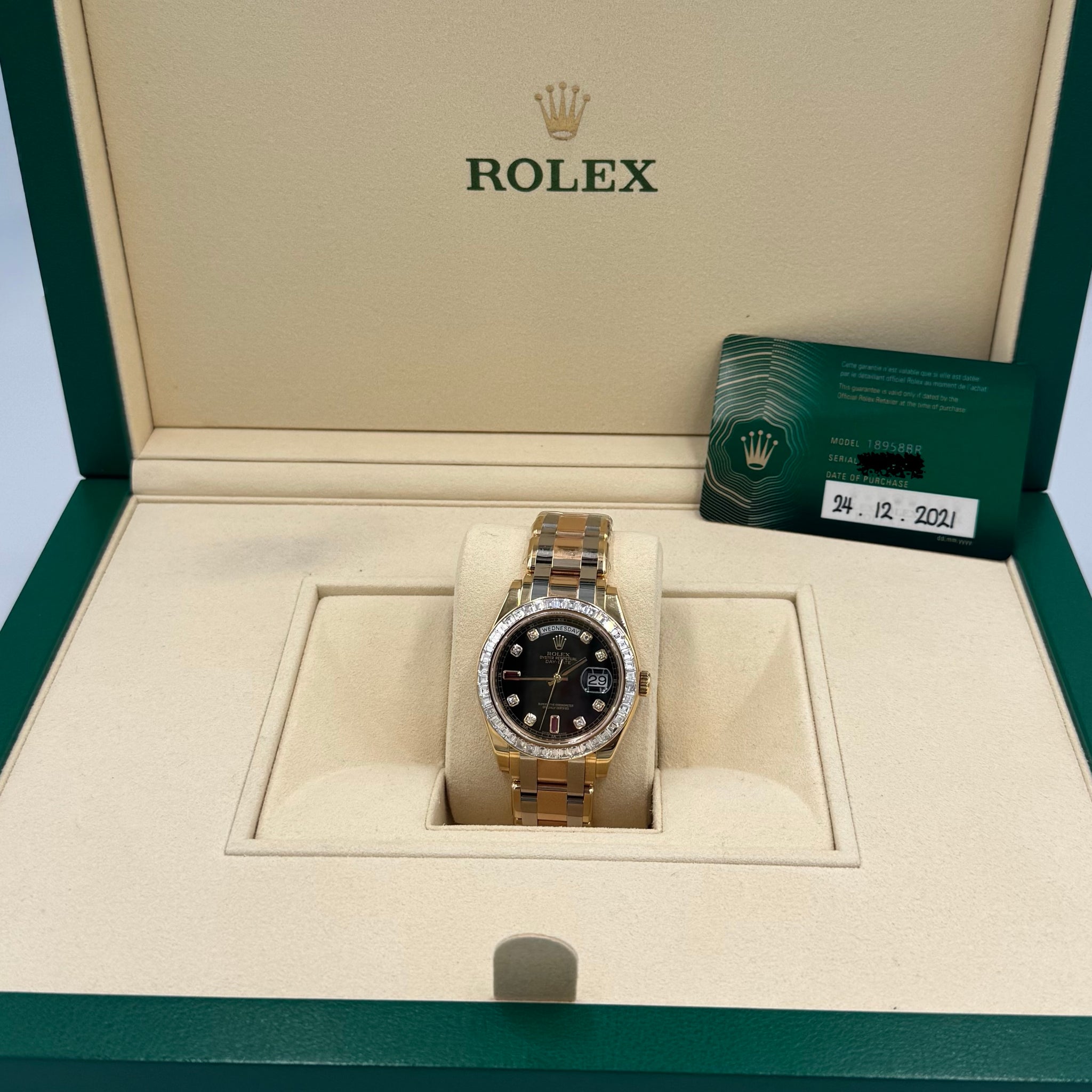 Unworn Rolex Day-Date Masterpiece 39mm ref. 18958 Black Diamond Dial on Tridor Oyster Bracelet