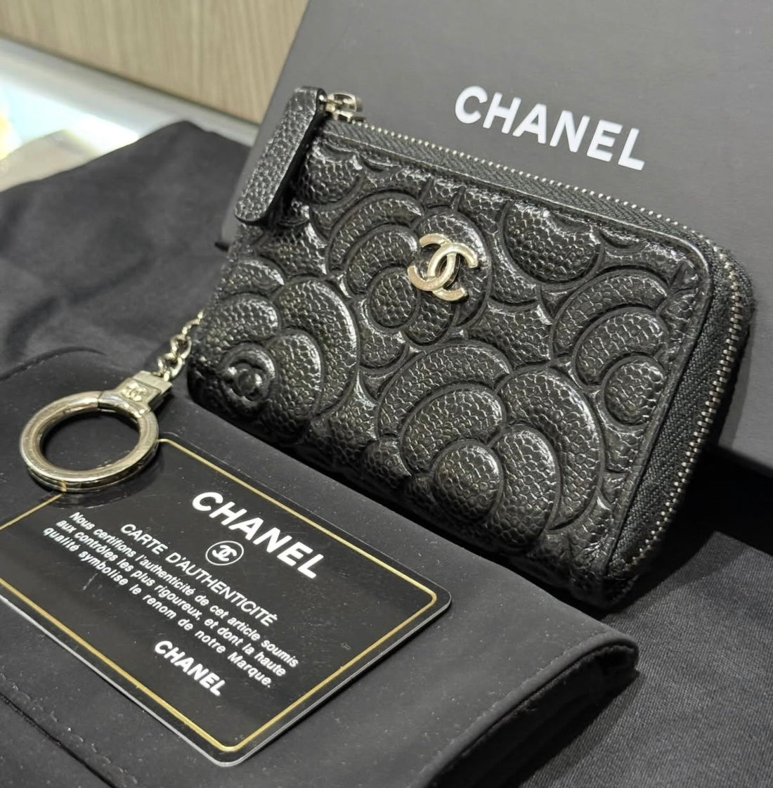 Chanel Black Caviar Camellia Key Pouch Wallet, 2020-2021 collection, complete set