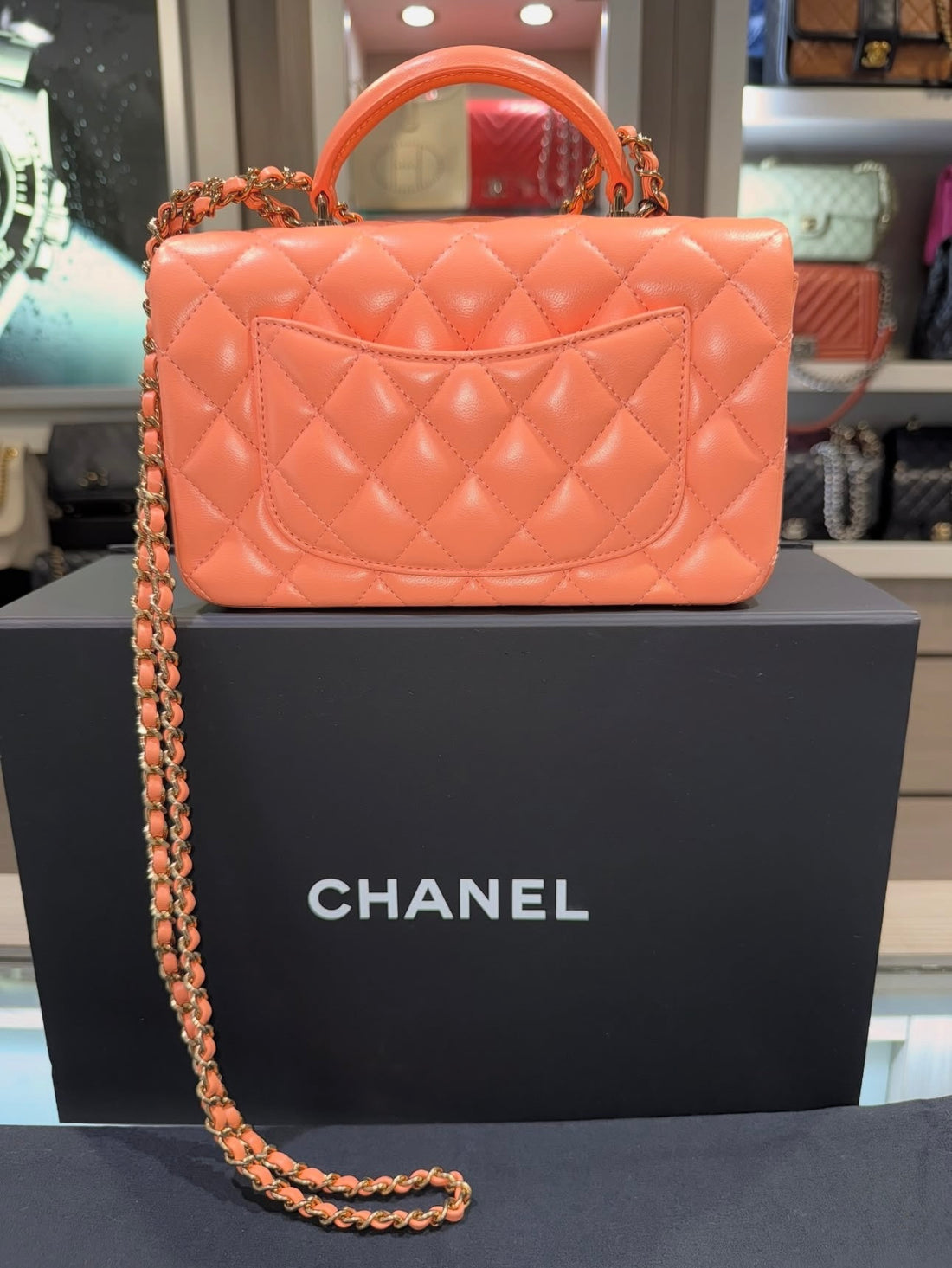 Unworn Chanel Mini Top Handle Rectangle Single flap Orange Sherbet Lambskin GHW