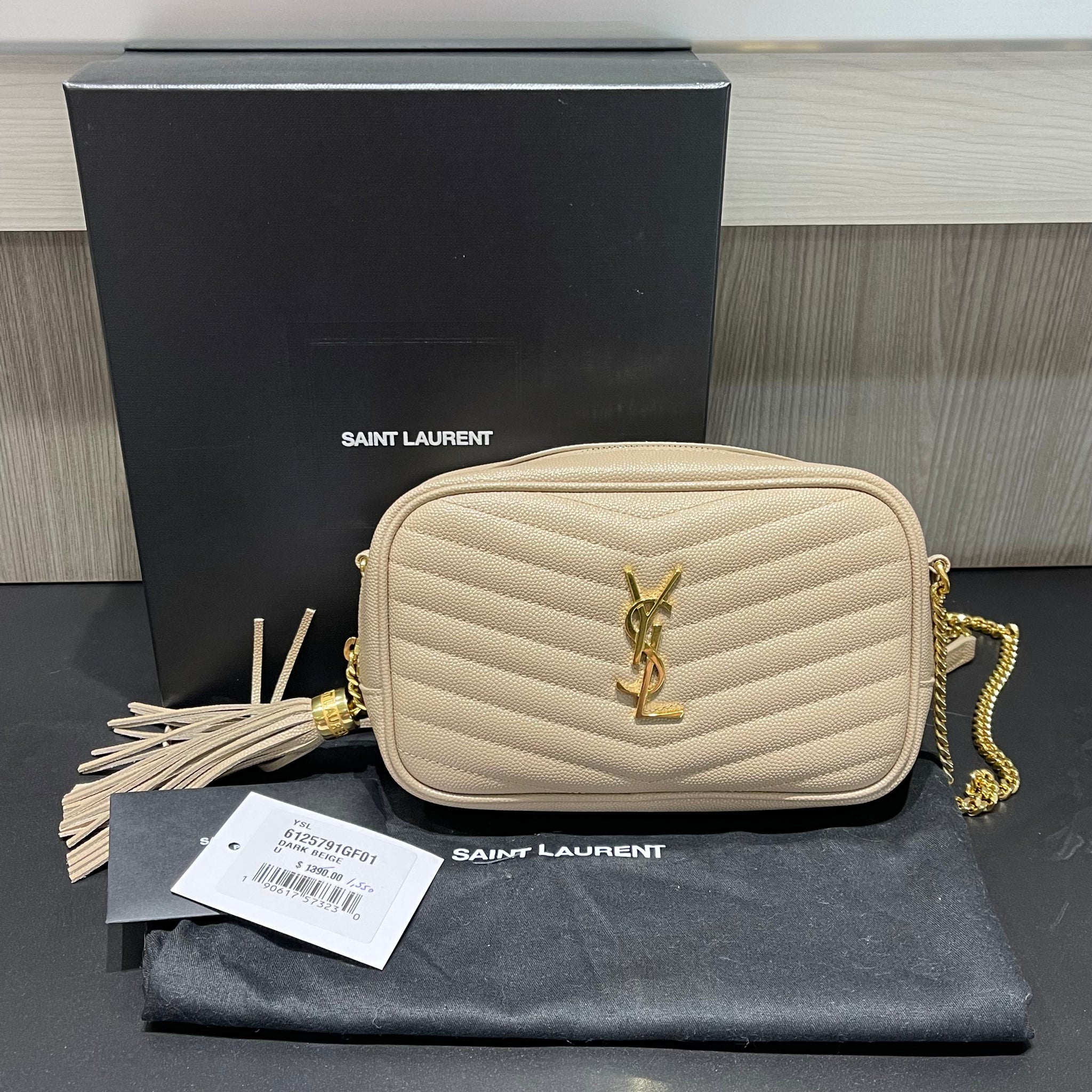 Pre-owned Saint Laurent Grain De Poudre Matelassé Monogram Mini Lou Camera Bag Dark Beige