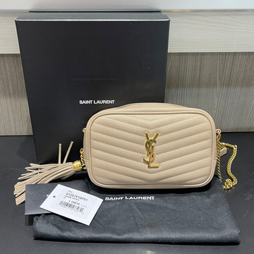 Pre-owned Saint Laurent Grain De Poudre Matelassé Monogram Mini Lou Camera Bag Dark Beige