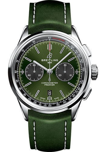 Breitling Premier B01 Chronograph Bentley Watch - 42mm Steel Case - Green Dial - Green Leather Strap - AB0118A11L1X1