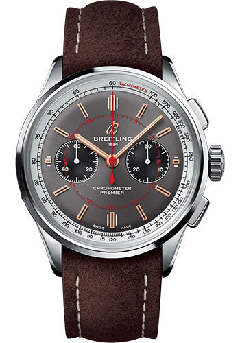 Breitling Premier B01 Chronograph 42 Wheels and Waves Limited Edition Watch - Stainless Steel - Anthracite Dial - Brown Calfskin Leather Strap - Tang Buckle Limited Edition - AB0118A31B1X1