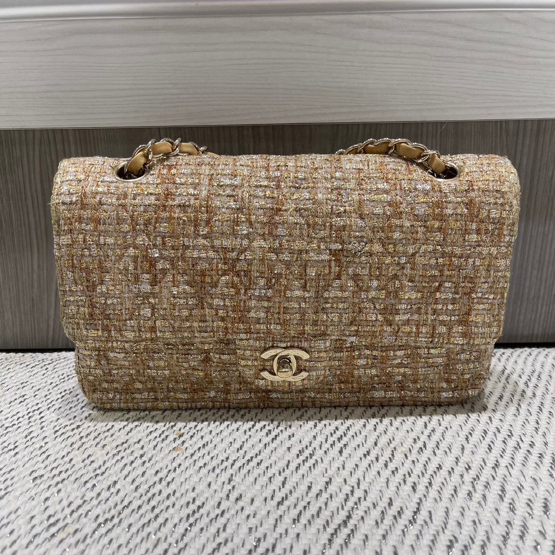Pre-owned Chanel Vintage Tweed Gold Medium Classic Double Flap w/ GHW (2005–2006)