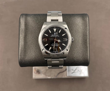 Pre-owned Rolex Men's Explorer 39mm ref.214270 Black Dial Non Lum Markers Smooth Bezel on Oyster w/Box & Card