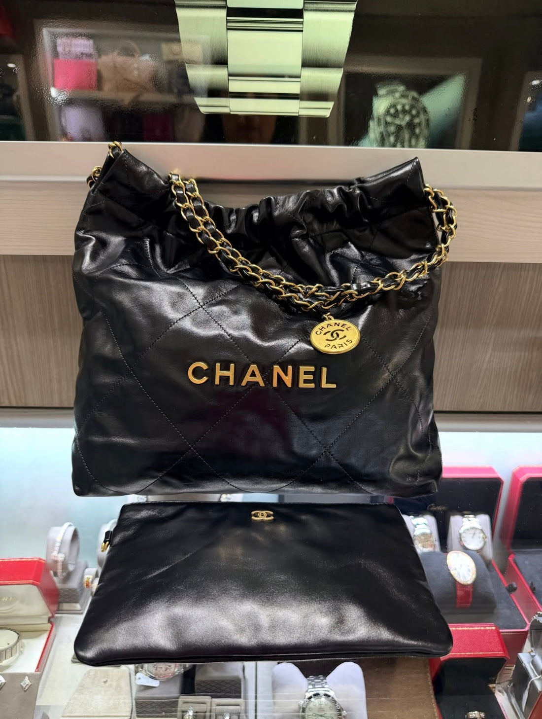 Pre-owned Chanel Small 22 Quilted Black Calfskin Hobo Bag with Matching Zip Pouch – 22B Collection