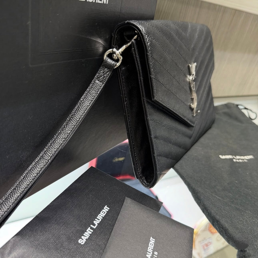 Pre-owned Saint Laurent Cassandre Matelassé Flap Pouch in Black Grain de Poudre Leather w/ SHW