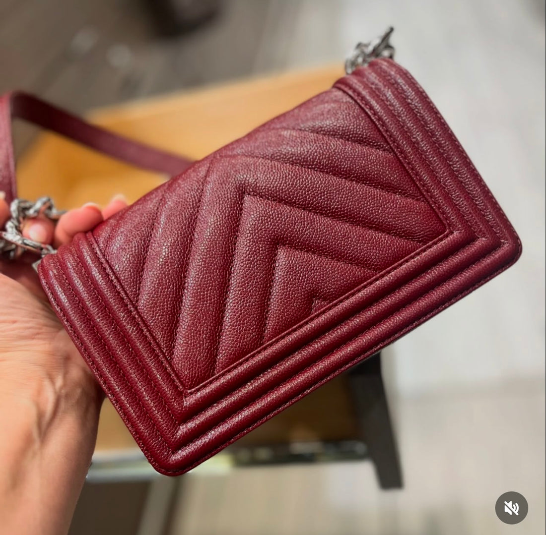 Pre-owned CHANEL Caviar Chevron Quilted Small Boy Flap in Iridescent Maroon (2020) SHW (30 series)