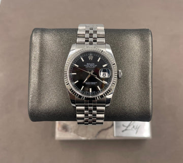 Pre-owned Rolex Men's Datejust 36mm ref.116234 Black Index Dial Fluted Bezel on Jubilee G Serial w/Box & Old Style Card (2010)