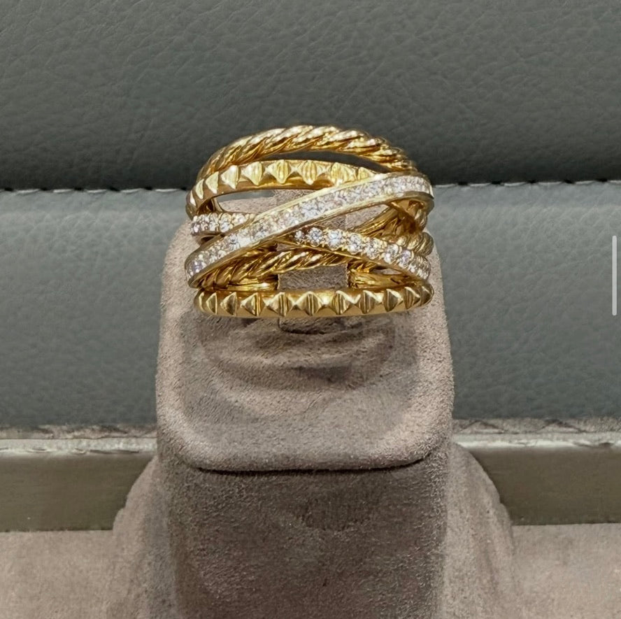 David Yurman Crossover Trio Six Row Ring 18K Yellow Gold with Diamonds, Size 7.5, 17.5mm