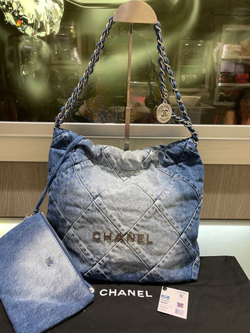Pre-owned Chanel Denim Quilted Small Chanel 22 in Blue Denim (2023)