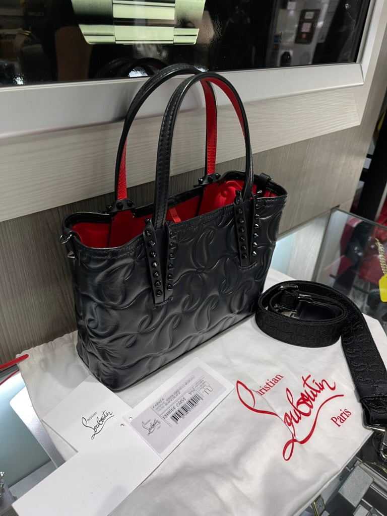 Pre-owned Christian Louboutin Nappa Embossed Mini East West Cabata Tote Black