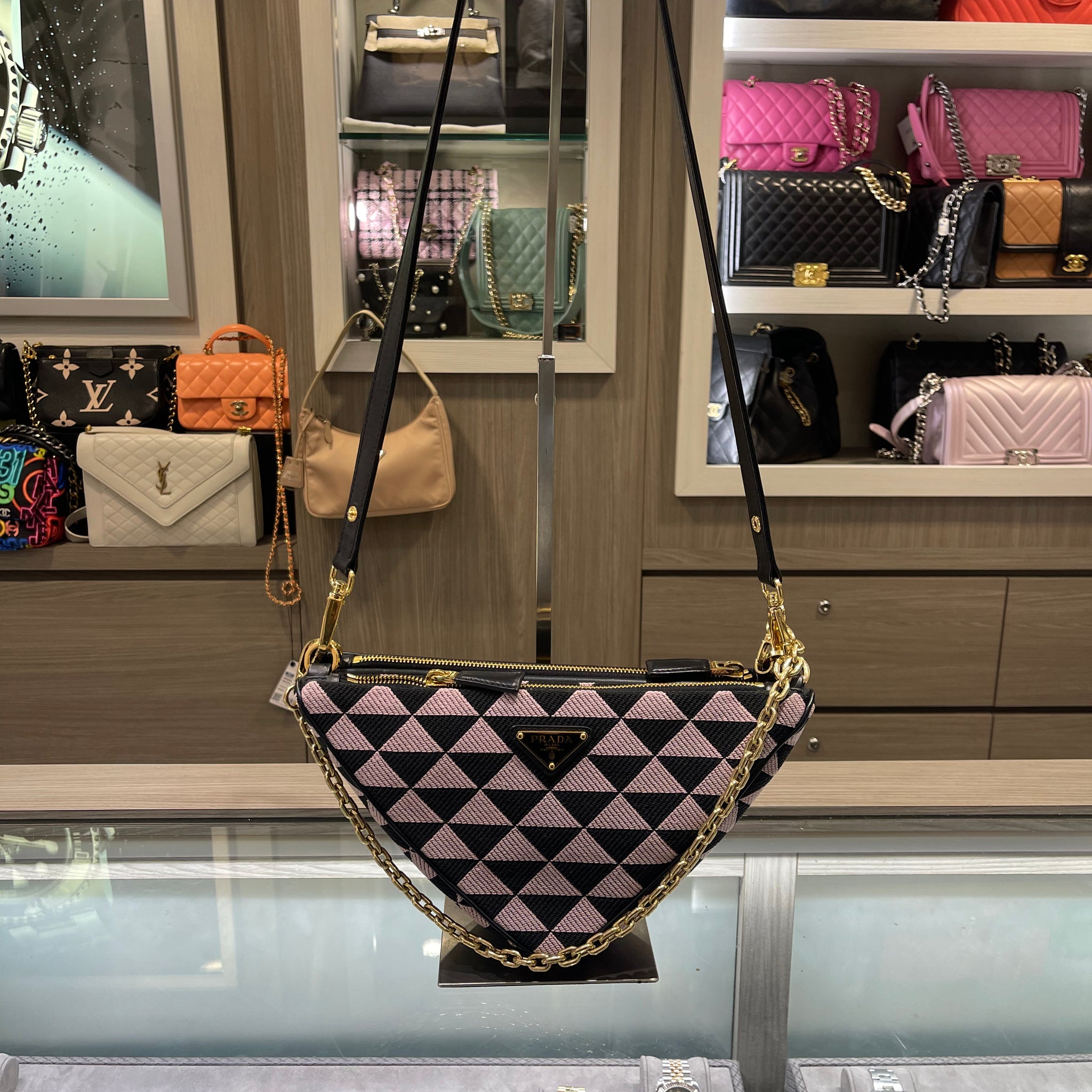 Pre-Owned Prada Double Symbole Triangle Mini Bag – Black Leather & Jacquard with Gold Hardware