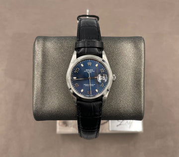 Pre-owned Rolex Men's Datejust 34mm ref.15200 Blue Arabic Dial Smooth Bezel on Leather Strap w/Box