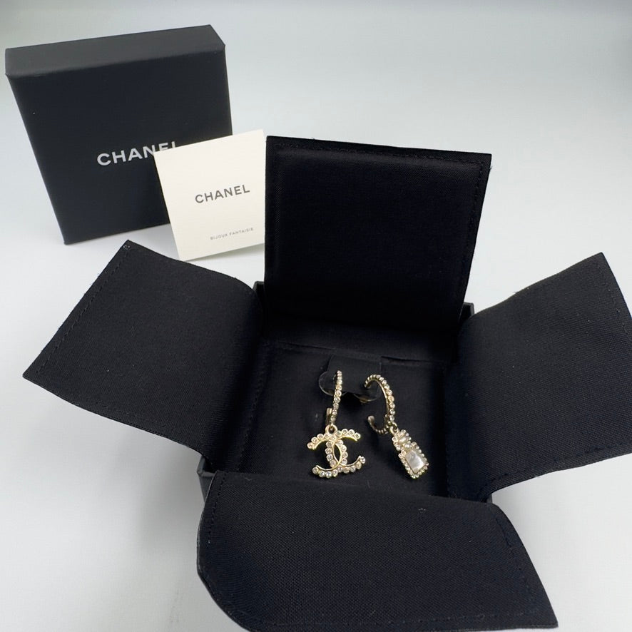 Chanel Faux Pearl, Strass & Resin CC Perfume Bottle Drop Hoop Earrings 2021 collection