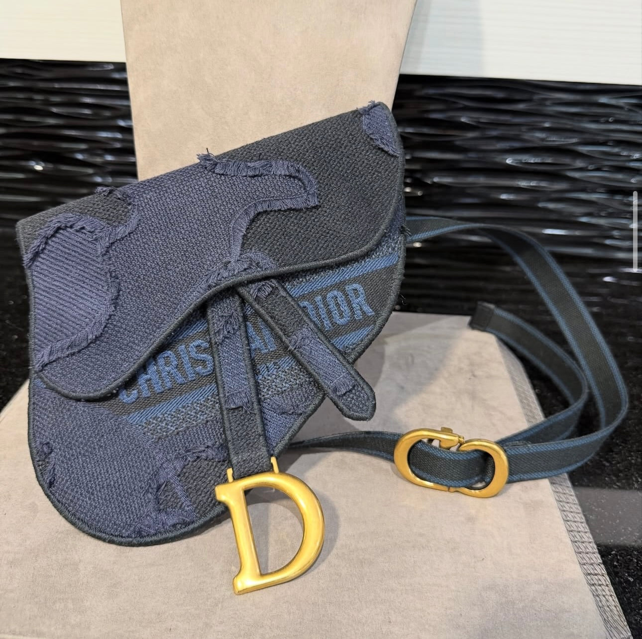 Pre-owned Christian Dior Canvas Embroidered Camouflage Saddle Belt Bag Blue (2019)