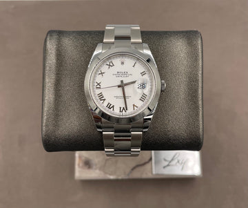 Unworn Rolex Men's Datejust 41mm ref.126300 White Roman Dial Smooth Bezel on Oyster w/Box & Card
