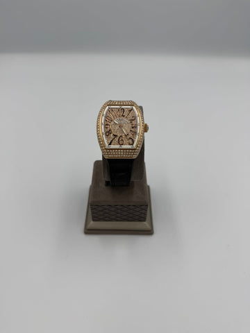 Pre-owned Franck Muller Vanguard All-Diamond Watch w/ Alligator Strap Rose Gold 35mm ref.V32 SC AT FO