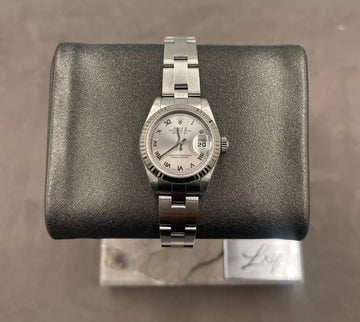 Pre-owned Rolex Ladies Datejust 26mm ref. 79174 Factory Silver Roman Dial Fluted Bezel on Oyster, F serial (2003-2004), w/Box