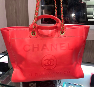 Pre-owned Chanel Coral Pink Deauville Tote Leather 31 series (2021 Collection) Aged Gold hardware