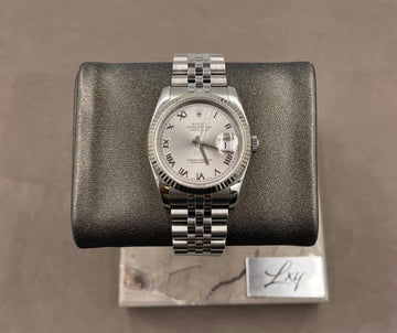 Pre-owned Rolex Men's Datejust 41mm ref.116234 Silver Roman Dial Fluted Bezel on Jubilee w/Box ,Papers (2006), & Service Cards (2014-2019)