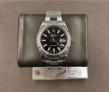 Pre-owned Rolex Men's Datejust 41mm ref.116334 Black Index Dial Fluted Bezel on Oyster w/Box & Old Style Card