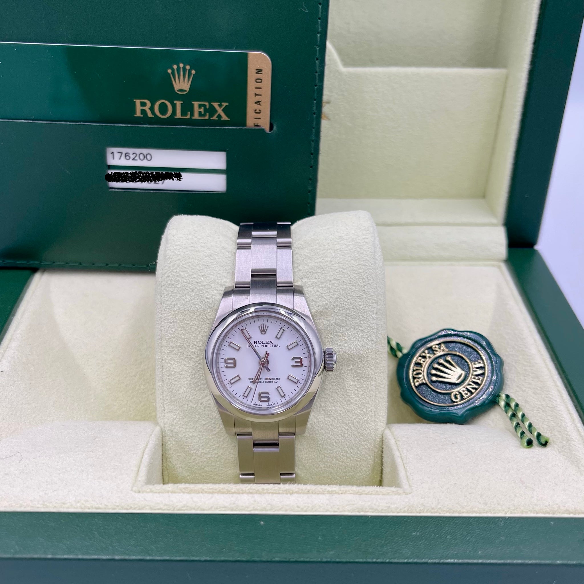 Pre-owned Rolex Oyster Perpetual 26mm Ref. 176200 – White Arabic Dial w/card dated 1-17-2012