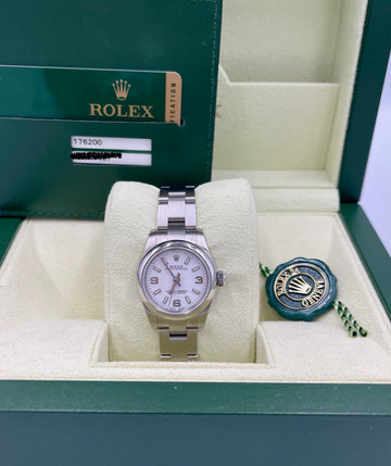 Pre-owned Rolex Oyster Perpetual 26mm Ref. 176200 – White Arabic Dial w/card dated 1-17-2012