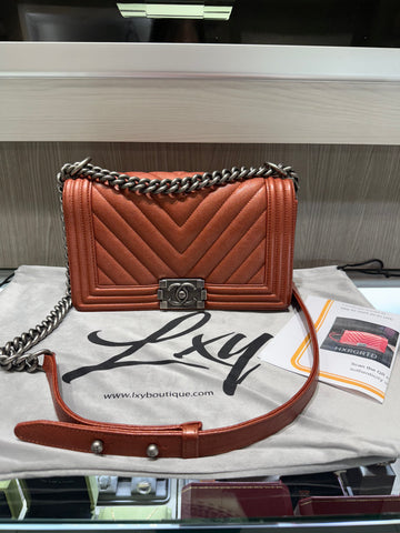 Pre-owned Chanel Metallic Burnt Orange Rust Caviar Leather Medium (Old Medium) boy bag Ruthenium Hardware (2018)