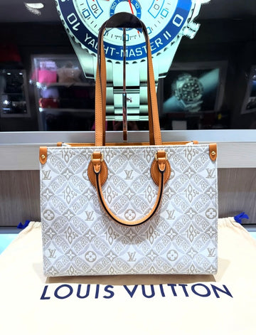 Pre-Owned Louis Vuitton Onthego MM Since 1854 Jacquard Tote in Ecru