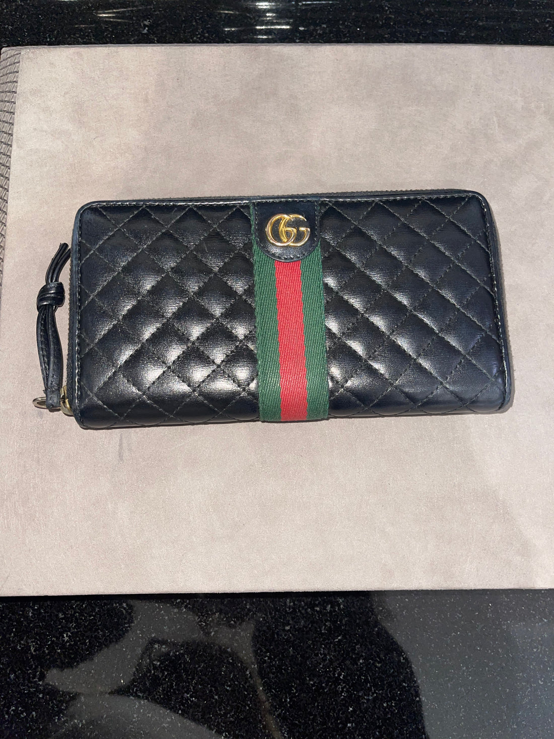 Pre-owned Gucci Long Wallet Black Red green stripe Model 536450 Trapuntata