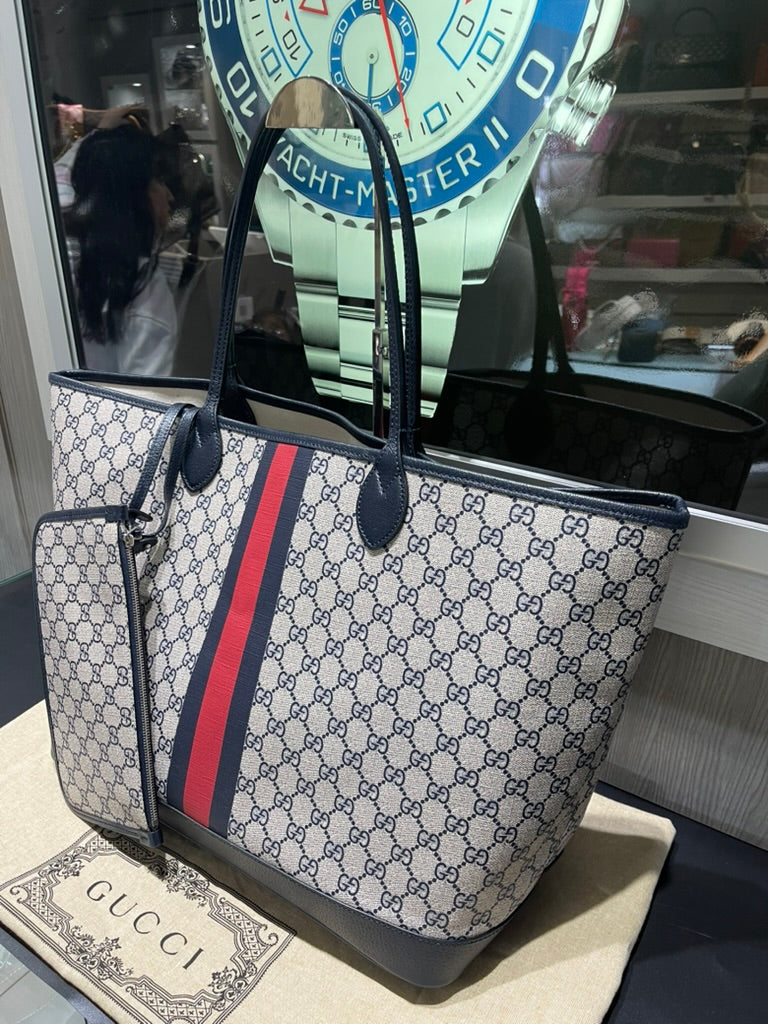 Pre-owned Gucci Navy GG Supreme Tote with Red/Navy Web & Matching Wristlet