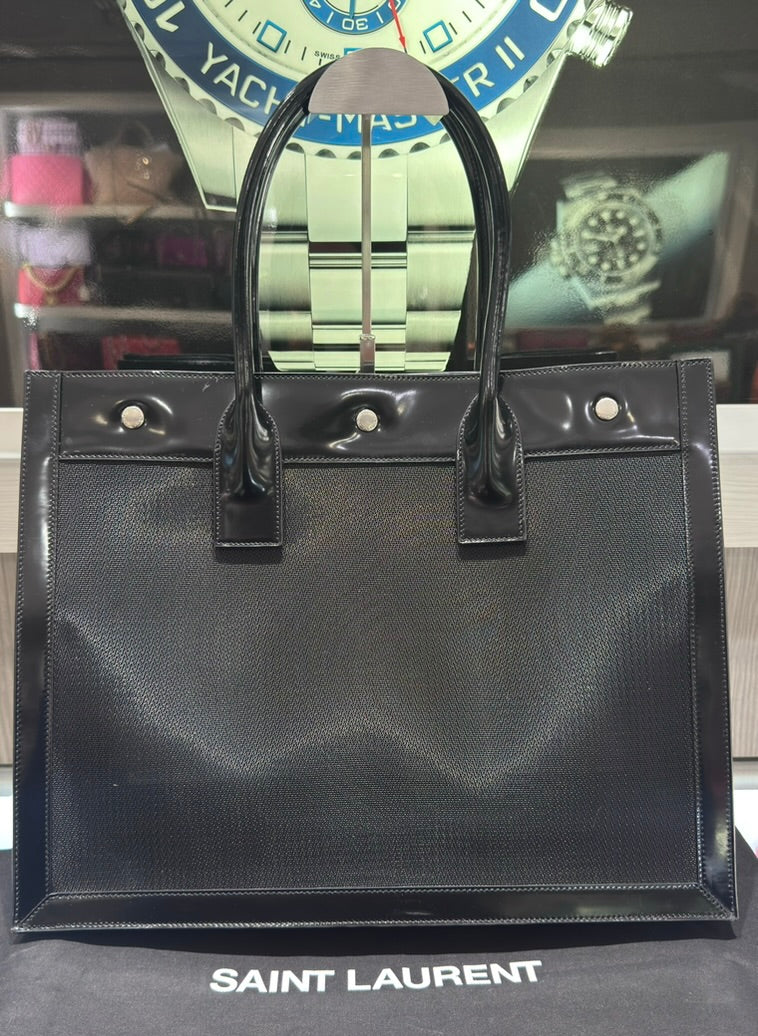 Pre-owned Saint Laurent Rive Gauche Black Mesh & Patent Leather Tote Bag