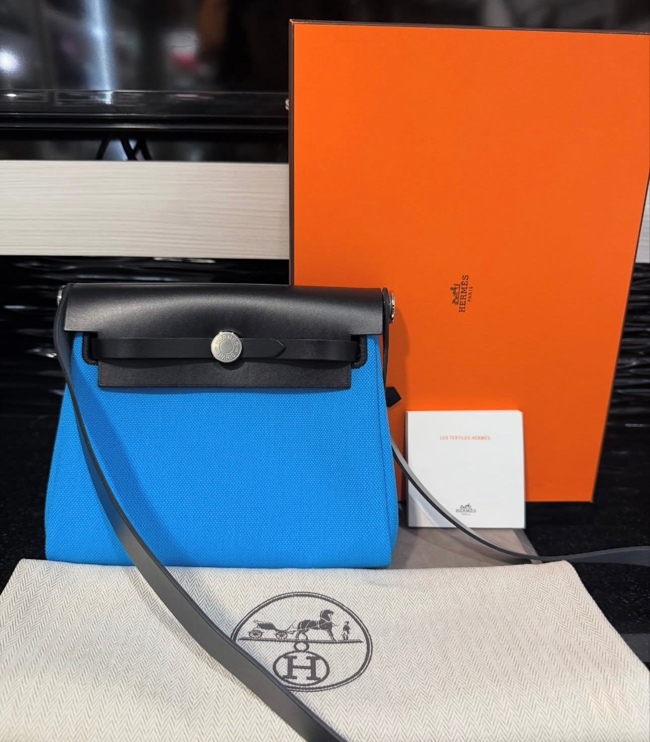 Unworn Hermes Military Toile Vache Hunter Herbag Zip Retourne 20 Bleu Riviera Black (2025)