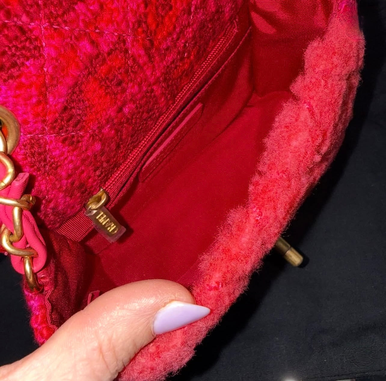 Pre-owned Chanel Shearling & Tweed Classic Square Mini Flap Bag in Fuchsia/Hot Pink (2020)