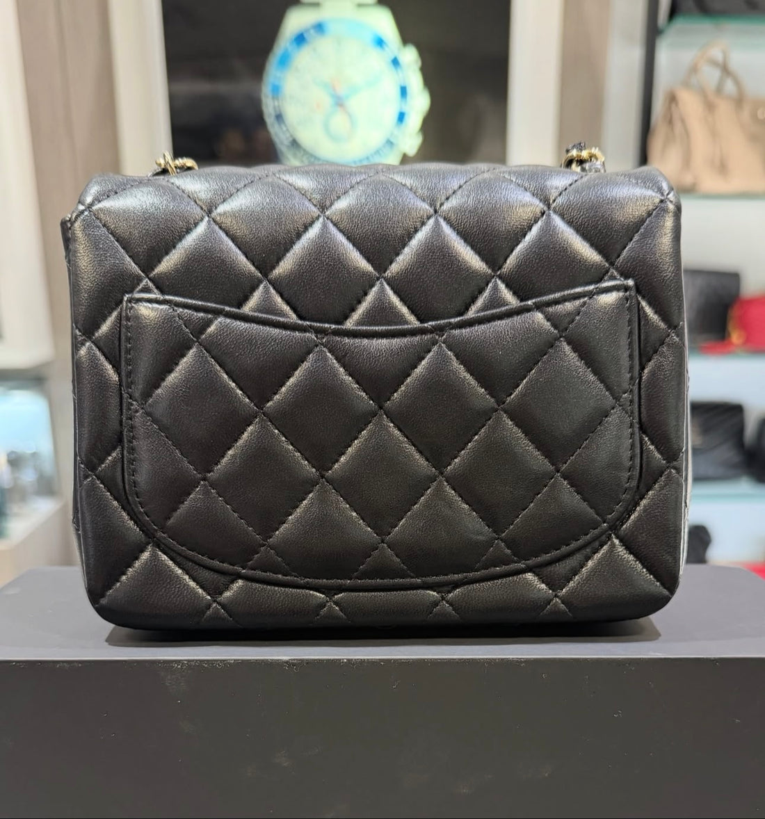 Unworn 2025 Chanel Mini Square Single Flap Black Lambskin GHW