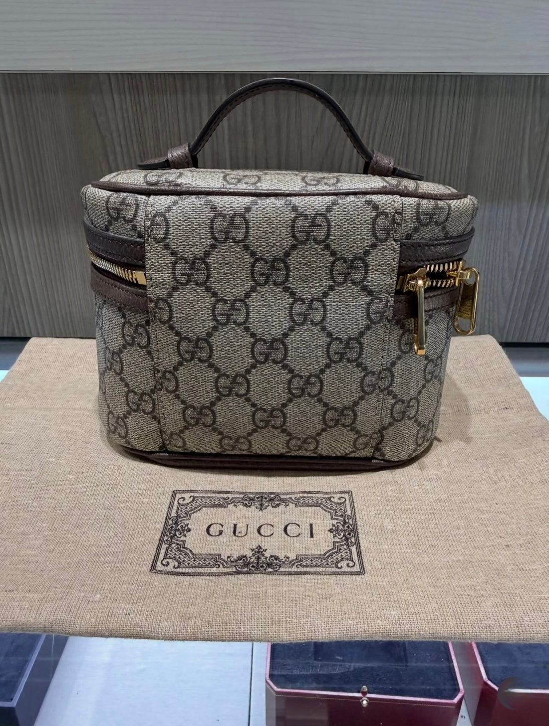 Pre-owned Gucci Ophidia GG Supreme Top Handle Vanity Case (Model 627463)